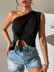 Chiquease One Shoulder Knot Detail Asymmetrical Hem Top - Black - View 6
