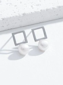 Square & Faux Pearl Design Silver Earrings - Multicolor - View 1