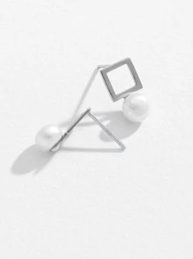 Square & Faux Pearl Design Silver Earrings - Multicolor - View 2