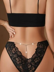 花朵蕾絲鑲鑽女性內褲性感睡衣 - 黑色 - 查看 1
