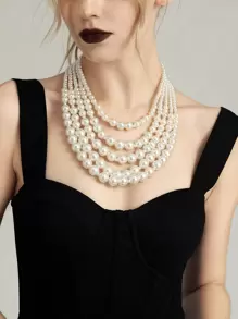 Faux Pearl Beaded Layered Necklace - White - View 1
