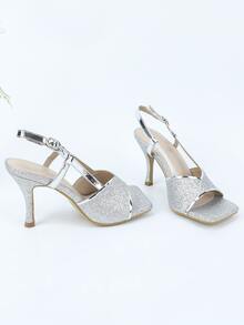 Glitter Metallic Detail Slingback Sandals - Silver - View 5