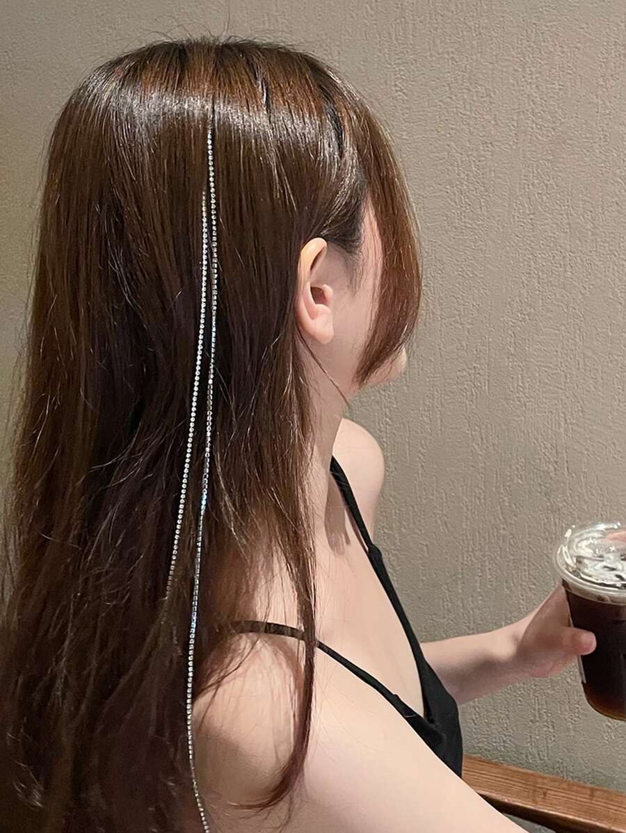 1pc Shiny Rhinestone & Tassel Chain Hair Clip For Daily Use Party Tiaras - Silver - View 1