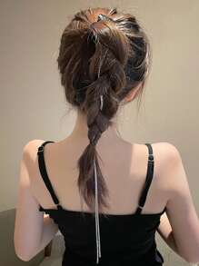 1pc Shiny Rhinestone & Tassel Chain Hair Clip For Daily Use Party Tiaras - Silver - View 2