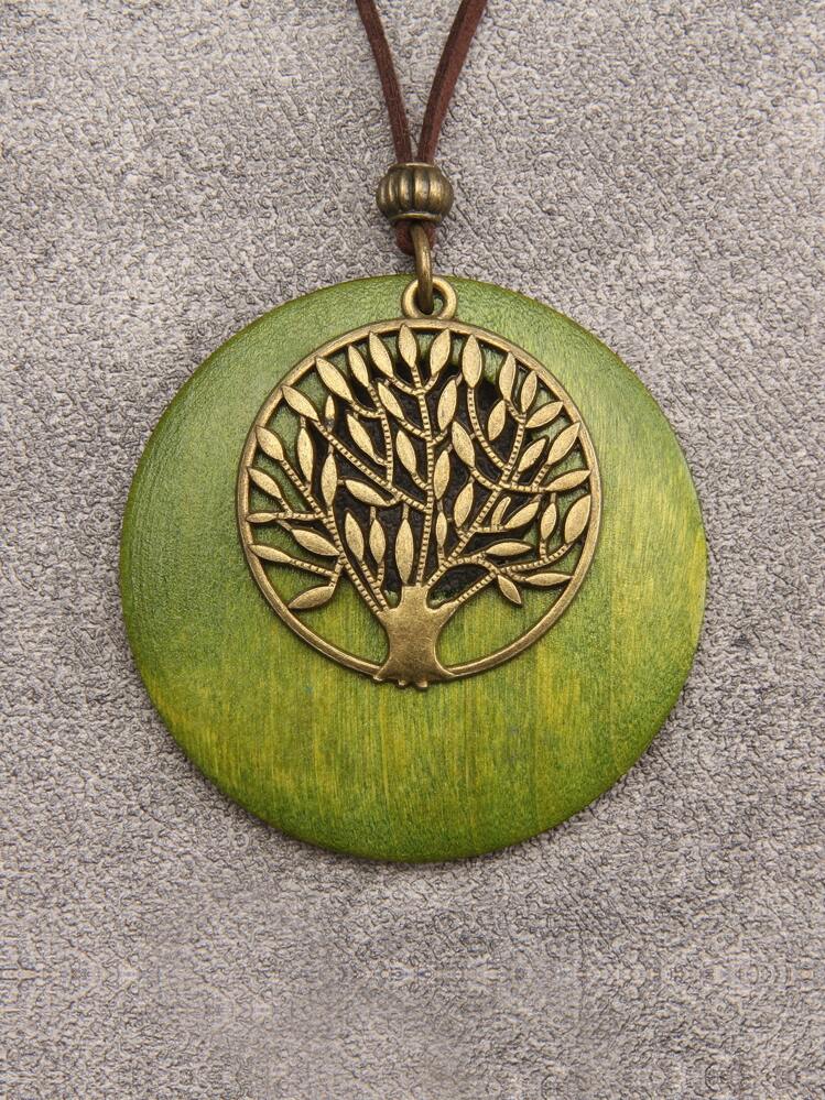 樹形裝飾圓形吊墜項鍊 - 彩色 - 查看 1