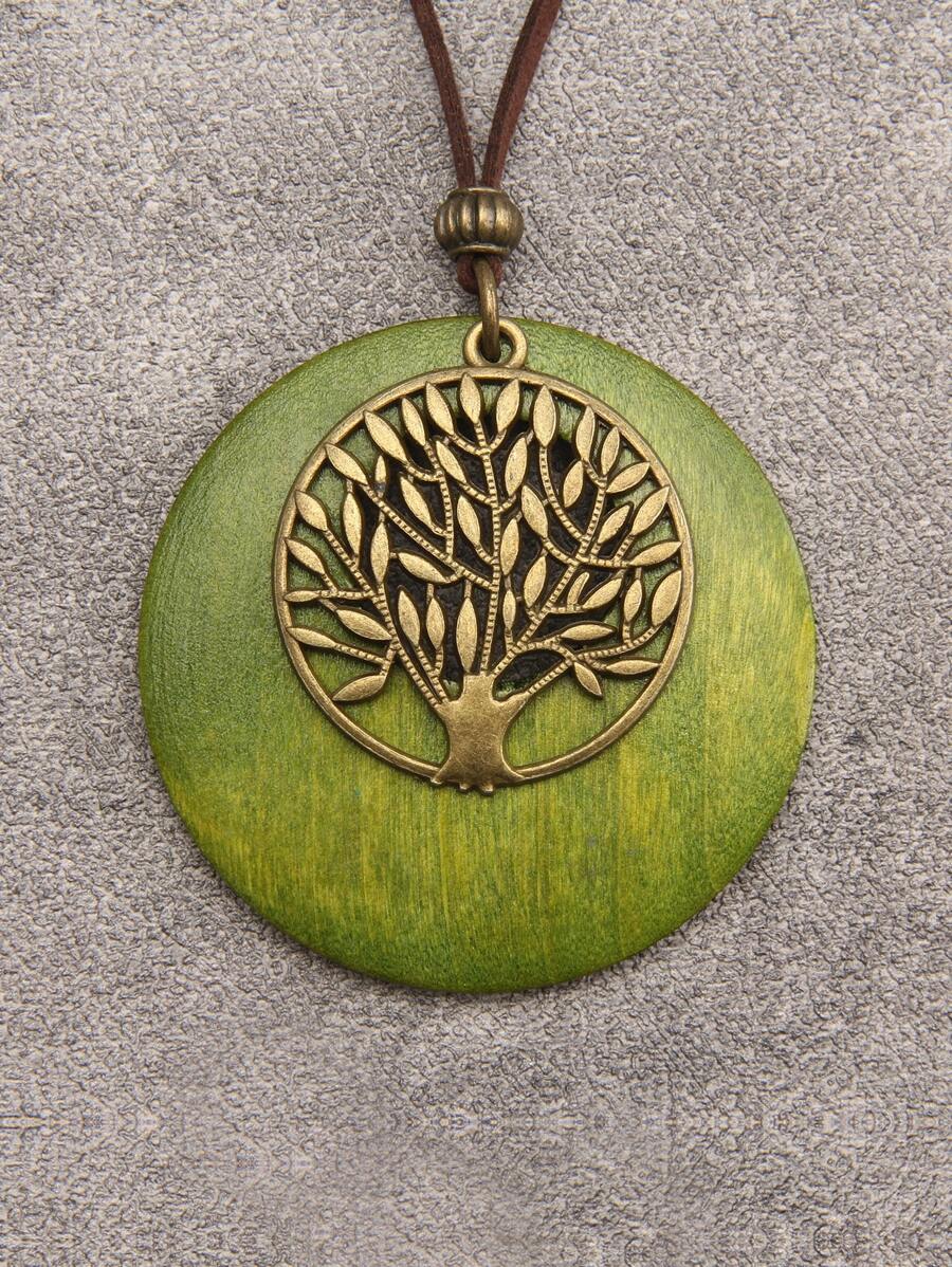 樹形裝飾圓形吊墜項鍊 - 彩色 - 查看 1