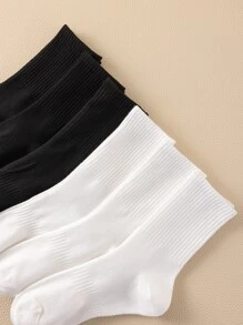 6pairs Solid Crew Socks, Fall Socks - Black and White - View 4