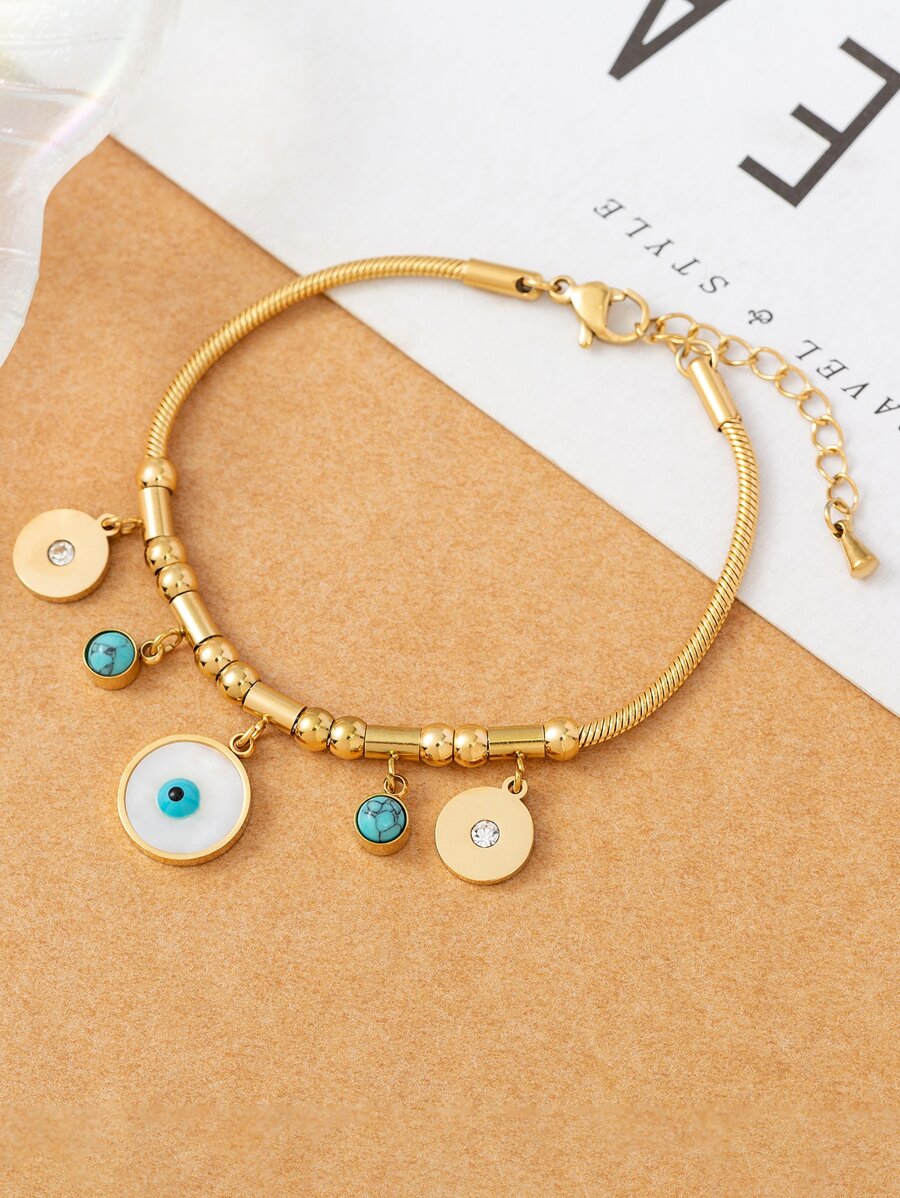 1入組不銹鋼18K金鍍金邪惡之眼形狀無過敏手環裝飾帶綠松石色石頭,合適作為首飾類禮品或者手腕裝飾物適合女士 - 金黃色 - 查看 1
