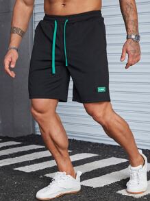 Manfinity Hypemode Men Loose Letter Patched Drawstring Waist Shorts - Black - View 1