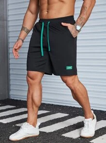 Manfinity Hypemode Men Loose Letter Patched Drawstring Waist Shorts - Black - View 5