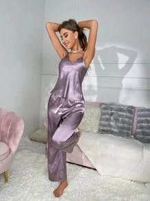 Conjunto de pijama Top de tirantes de satén con pantalones - Púrpura malva - Ver 4