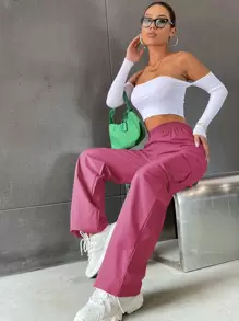 SHEIN Unity Quần nữ Túi màu trơn Giải trí - Màu Hồng Tươi - Xem 7