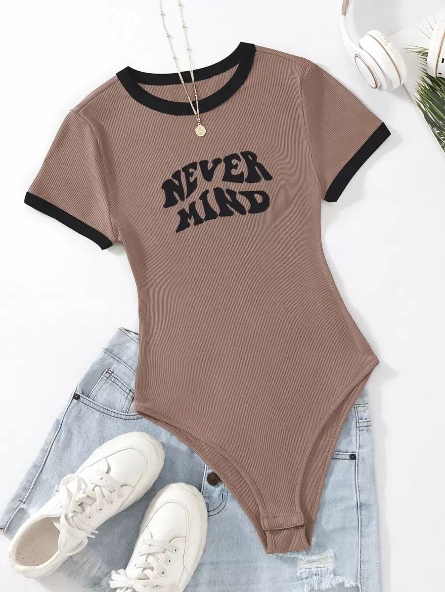 SHEIN EZwear Plus Slogan Graphic Contrast Binding Bodysuit