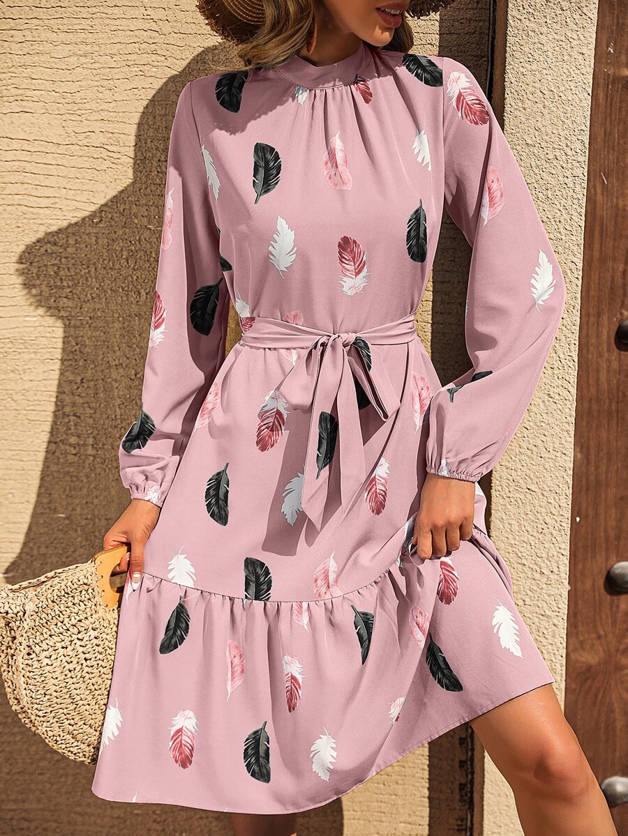 SHEIN LUNE Feather Print Lantern Sleeve Ruffle Hem Belted Dress - Pink - View 1