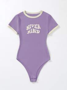 SHEIN Unity 標語圖案拼接邊連身背心 - 淡紫色 - 查看 4