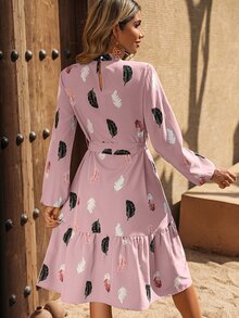 SHEIN LUNE Feather Print Lantern Sleeve Ruffle Hem Belted Dress - Pink - View 2