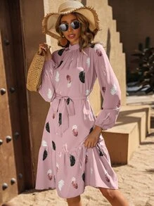 SHEIN LUNE Feather Print Lantern Sleeve Ruffle Hem Belted Dress - Pink - View 3