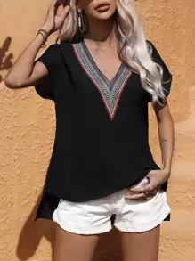 SHEIN LUNE Contrast Tape Detail Dolman Sleeve High Low Hem Blouse - Black - View 1