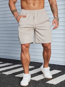 Manfinity Homme 男款寬鬆字母貼布短褲，束腰抽繩設計，純色，適合做為休閒裝 - 卡其色 - 查看 4