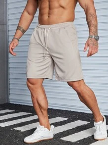 Manfinity Homme 男款寬鬆字母貼布短褲，束腰抽繩設計，純色，適合做為休閒裝 - 卡其色 - 查看 5