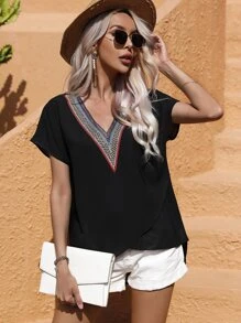 SHEIN LUNE Contrast Tape Detail Dolman Sleeve High Low Hem Blouse - Black - View 3