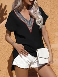 SHEIN LUNE Contrast Tape Detail Dolman Sleeve High Low Hem Blouse - Black - View 4