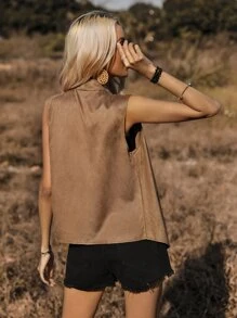 SHEIN LUNE Cazadora chaleco de cuello cascada con parte delantera abierta - Marrón - Ver 2