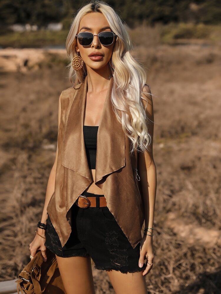 SHEIN LUNE 大翻領開門襟仿麂皮夾克背心 - 棕色 - 查看 5