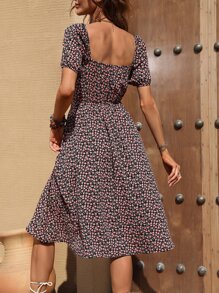 Breezaya Ditsy Floral Print Puff Sleeve Dress - Black - View 2