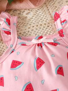 Bebé Mono con estampado de sandía ribete con fruncido con banda cabeza - Rosa - Ver 4