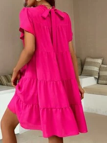 Breezaya 褶邊領花瓣袖荷葉邊娃娃裙 - 玫紅色 - 查看 2