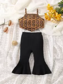 嬰兒幾何印花吊帶上衣和喇叭褲 - 黑色 - 查看 1