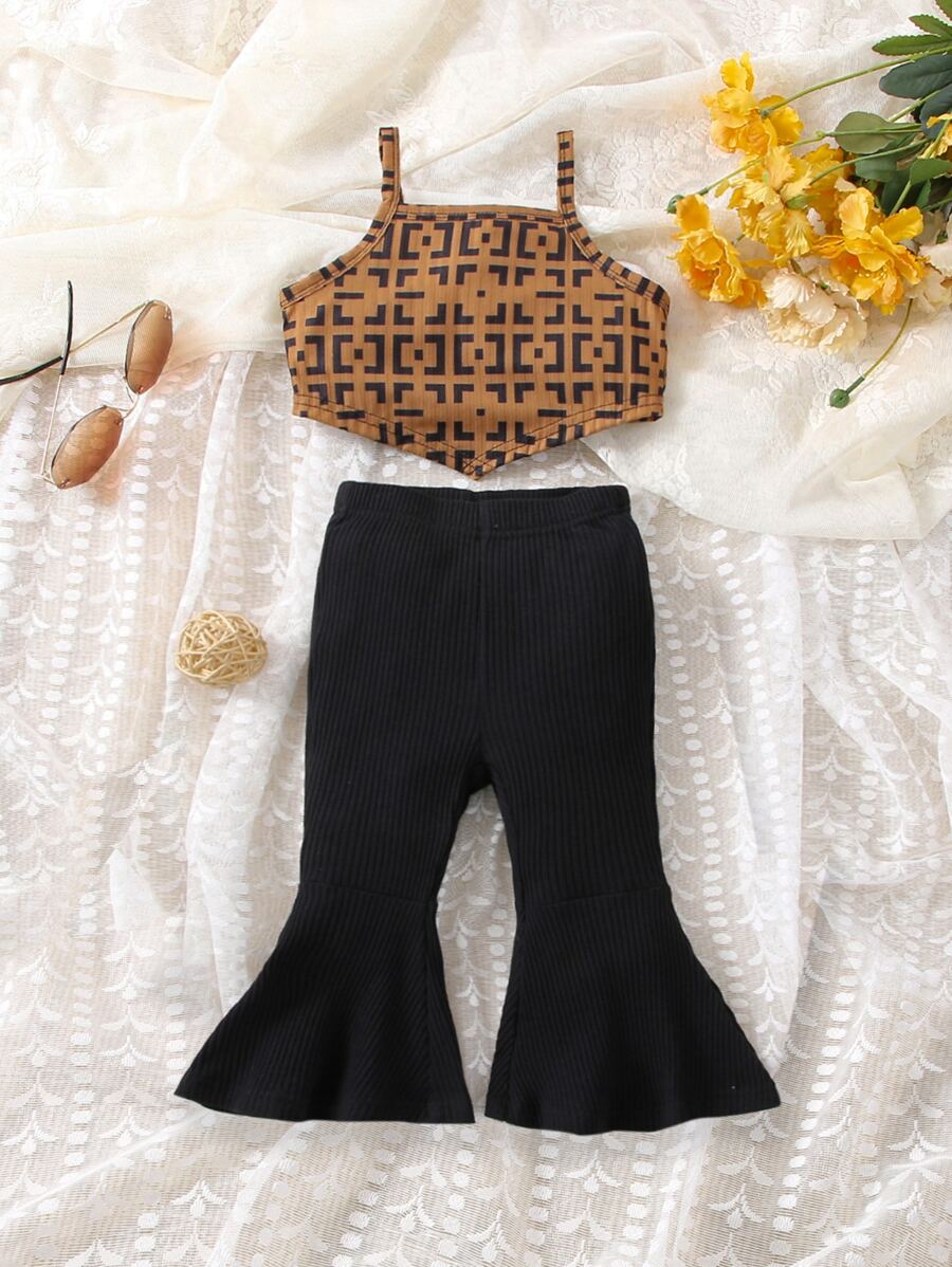 嬰兒幾何印花吊帶上衣和喇叭褲 - 黑色 - 查看 1