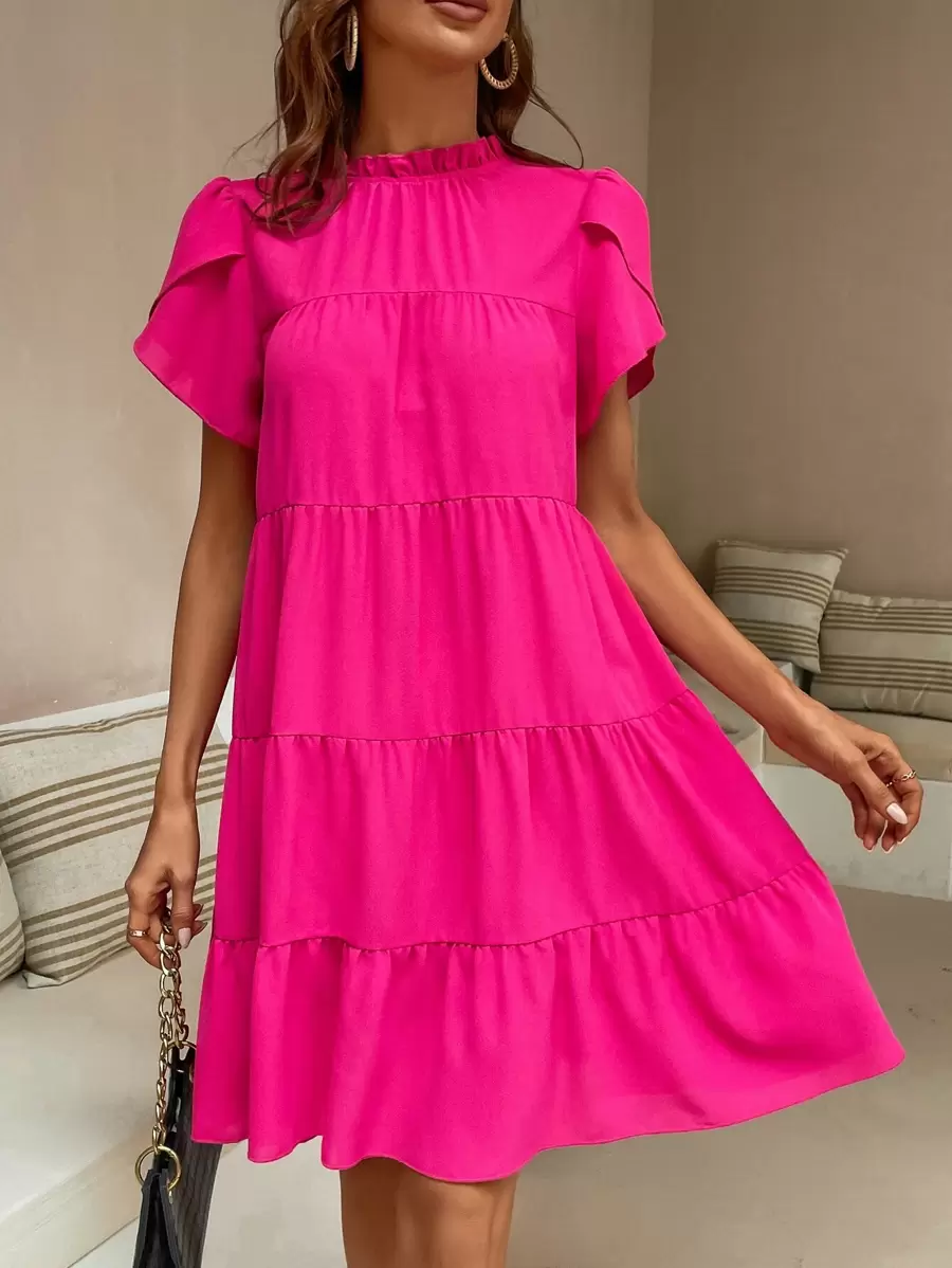 Breezaya 褶邊領花瓣袖荷葉邊娃娃裙 - 玫紅色 - 查看 1