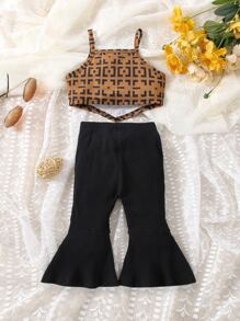 嬰兒幾何印花吊帶上衣和喇叭褲 - 黑色 - 查看 2