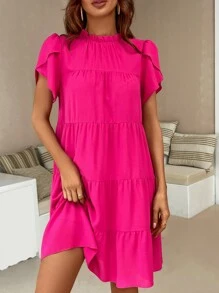 Breezaya 褶邊領花瓣袖荷葉邊娃娃裙 - 玫紅色 - 查看 4