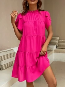 Breezaya 褶邊領花瓣袖荷葉邊娃娃裙 - 玫紅色 - 查看 5