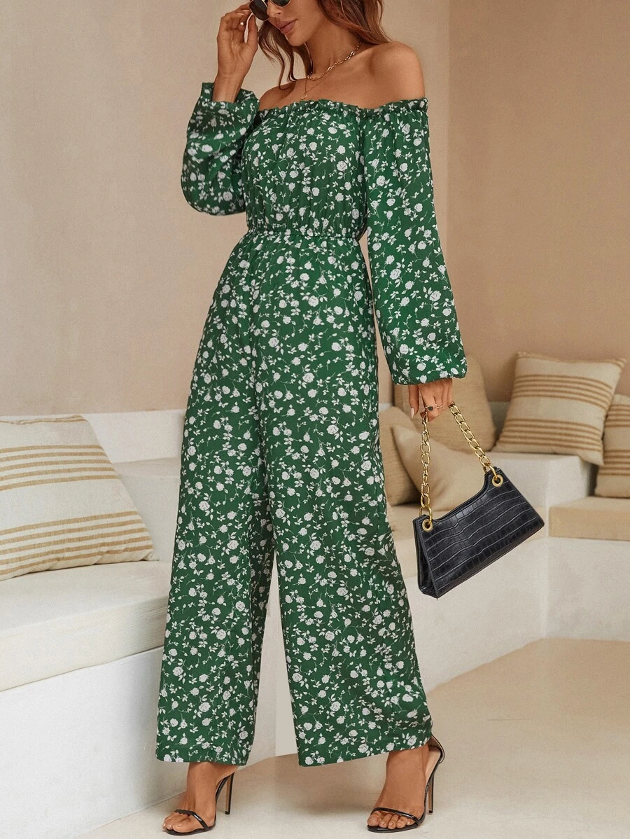 SHEIN VCAY Ditsy Floral Print Off Shoulder Jumpsuit - Green - View 1