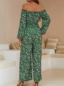 SHEIN VCAY Ditsy Floral Print Off Shoulder Jumpsuit - Green - View 2