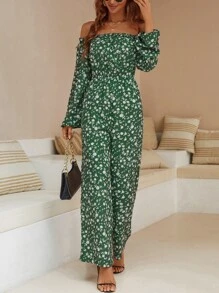 SHEIN VCAY Ditsy Floral Print Off Shoulder Jumpsuit - Green - View 3