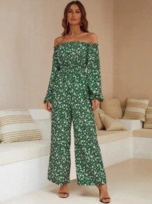 SHEIN VCAY Ditsy Floral Print Off Shoulder Jumpsuit - Green - View 4