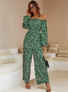 SHEIN VCAY Ditsy Floral Print Off Shoulder Jumpsuit - Green - View 5