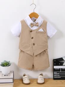 SHEIN Baby Boy Bow Front 2 In 1 Shirt & Shorts - Apricot - View 1