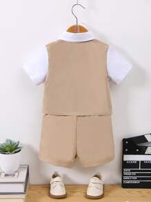 SHEIN Baby Boy Bow Front 2 In 1 Shirt & Shorts - Apricot - View 2