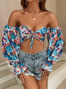 SHEIN WYWH 印花一字肩荷葉袖抽繩短款上衣 - 藍色 - 查看 4