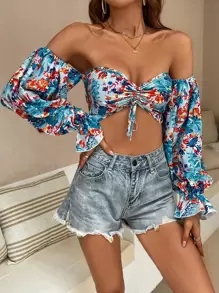 SHEIN WYWH 印花一字肩荷葉袖抽繩短款上衣 - 藍色 - 查看 5