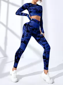 Yoga Trendy 2入組無縫紮染健身瑜伽套裝套裝插肩袖運動T恤寬腰帶褲襪 - 藍色 - 查看 3