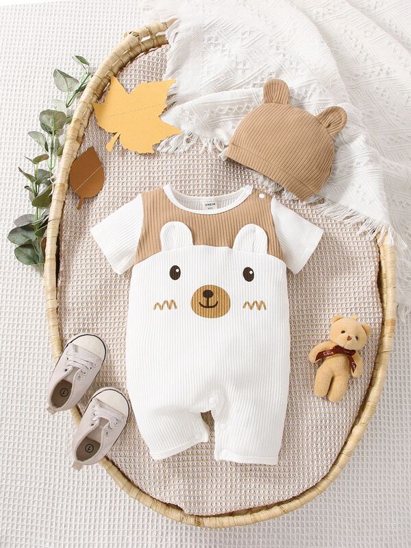 SHEIN Newborn Baby Boy Cartoon Graphic Romper & Hat