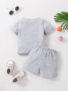 男嬰字母圖案T恤和短褲 - 灰色 - 查看 2