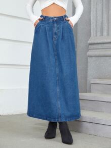 High Waist Plicated Detail Denim Skirt - Dark Wash - View 3